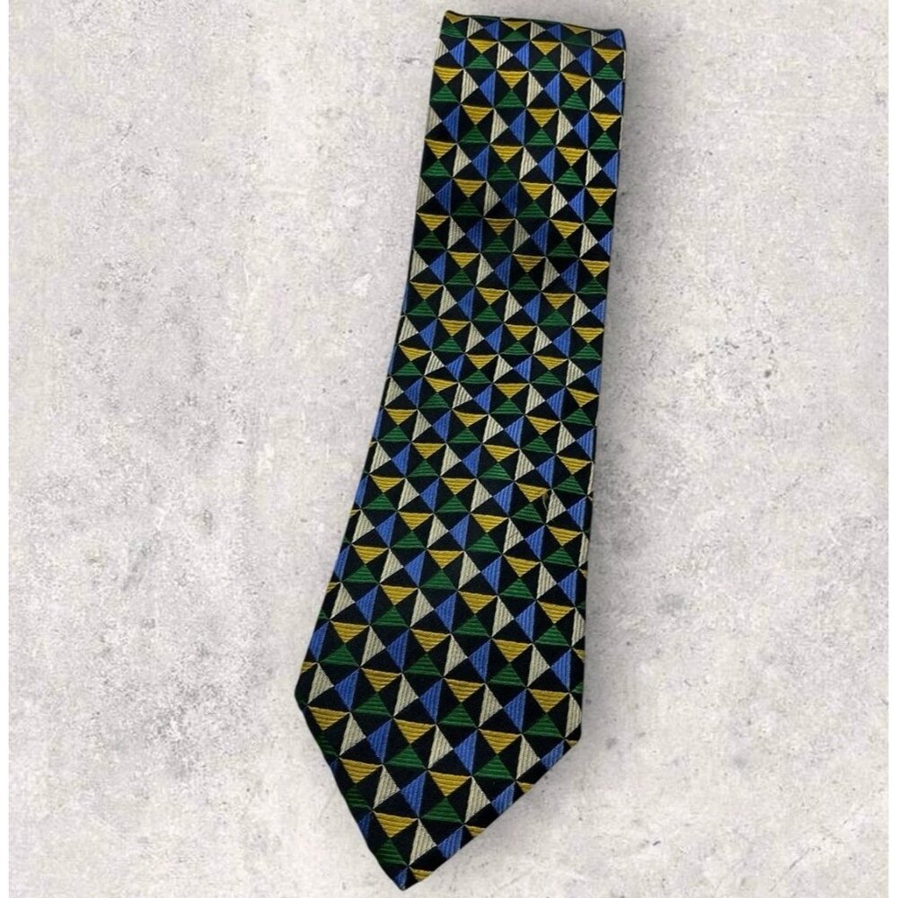 LONGCHAMP Silk Tie ITALY Blue Yellow Green Geometric W:3.8" EUC